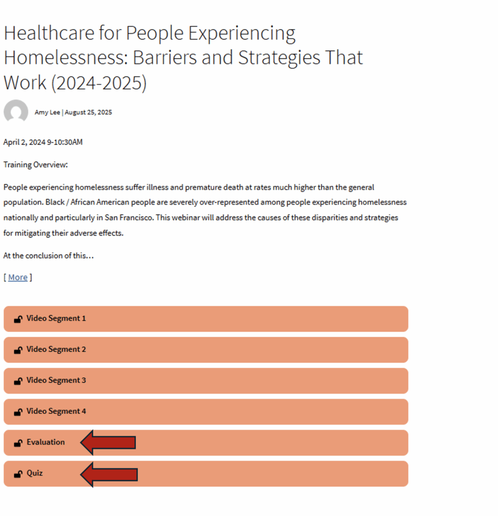 Location of evaluation and quiz lessons
